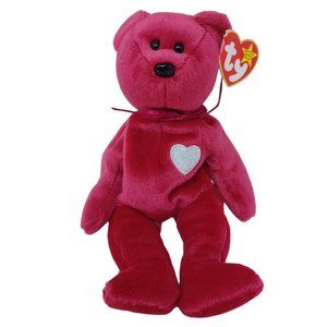 Ty Valentina Magenta Teddy Bear White Heart Beanie‎ Baby Stuffed Animal Plush 8"